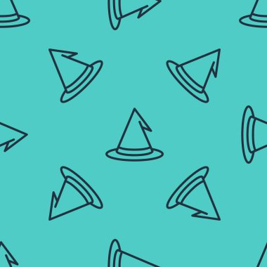 Siyah çizgi cadı şapkası ikonu yeşil arka planda kusursuz desen izole etti. Mutlu Cadılar Bayramı Partisi. Vektör.