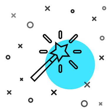 Siyah çizgi sihirli çubuk simgesi beyaz arkaplanda izole edildi. Yıldız şeklinde sihirli aksesuar. Sihirli güç. Rastgele dinamik şekiller. Vektör.