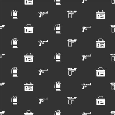 Tabanca ya da silah, askeri mühimmat kutusu, el bombası ve çöl kartalı hazır olsun. Vektör.