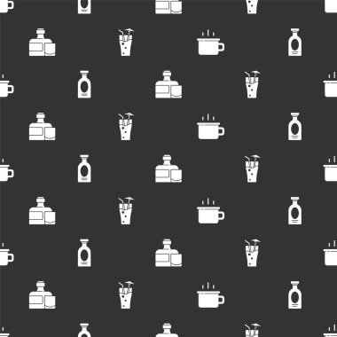 Set Coffee cup, Alcohol drink Rum, Whiskey bottle and glass and Cocktail on seamless pattern. Vector.