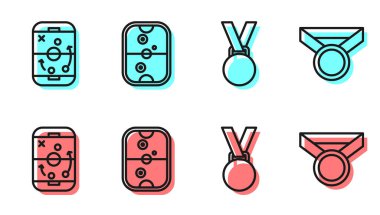 Set line Medal, Planning strategy, Air hockey table and Medal icon. Vector.
