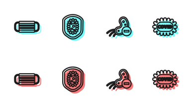 Set line Negative virus, Medical protective mask, Shield protecting from and Corona covid-19 icon. Vector.