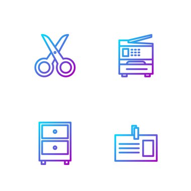Set line Identification badge, Drawer with documents, Scissors and Printer. Gradient color icons. Vector.