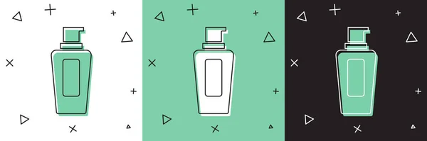 Set Fles Shampoo Icoon Geïsoleerd Witte Groene Zwarte Achtergrond Vector — Stockvector