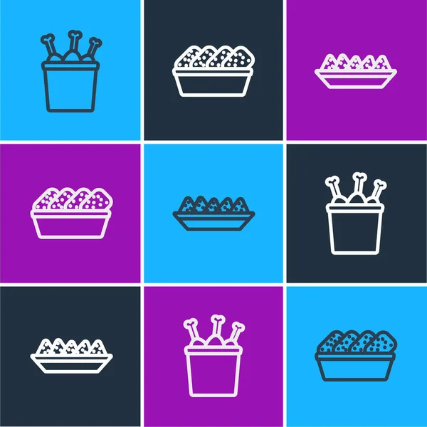 Set Line Chicken Leg Package Box Nachos Plate Nuggets Icon — Stockový vektor