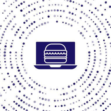 Mavi Çevrimiçi sipariş ve hamburger dağıtım ikonu beyaz arka planda izole edildi. Soyut çember rastgele noktalar. Vektör İllüstrasyonu.