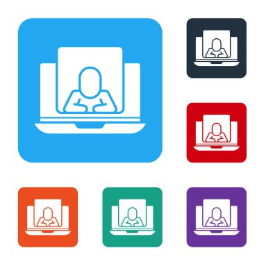 White Online psikolojik danışmanlık mesafesi ikonu beyaz arka planda izole edildi. Psikoterapi, psikolojik yardım, online psikiyatrist danışmanlığı. Renkli kare düğmelerle simgeleri ayarla. Vektör.