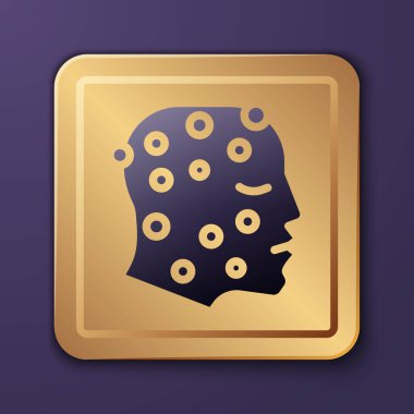 Sedef hastalığı veya mor arka planda izole edilmiş egzama kızarıklığı olan mor bir yüz. Alerjene veya kronik vücut sorununa karşı insan derisi tepkisi kavramı. Altın kare düğme. Vektör.