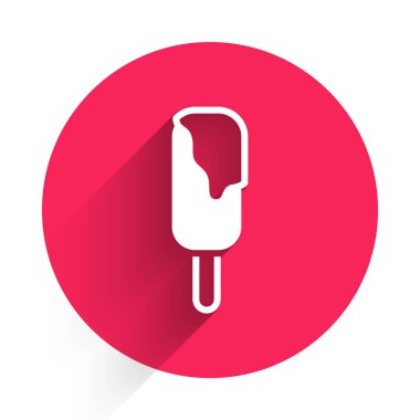 Uzun gölgeli beyaz dondurma ikonu. Güzel sembol. Kırmızı daire düğmesi. Vektör.