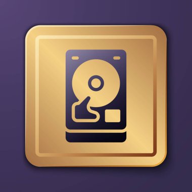 Mor Disk Sürücüsü HDD simgesi mor arkaplanda izole edildi. Altın kare düğme. Vektör