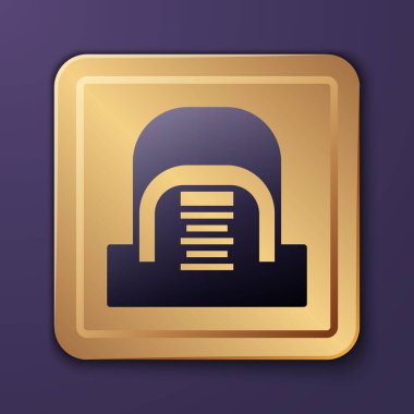 Mor arkaplanda izole edilmiş sunucu simgesi olan Mor Hangar. Sunucu, Data, Web Sunucusu. Altın kare düğme. Vektör