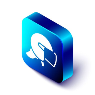 Beyaz arka planda izole edilmiş Isome polis miğferi ikonu. Askeri miğfer. Mavi kare düğme. Vektör.