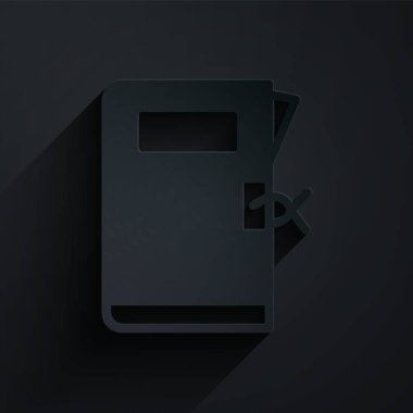 Kağıt kesiği karakol dosya simgesi siyah arkaplanda izole edildi. Kağıt sanatı tarzı. Vektör.