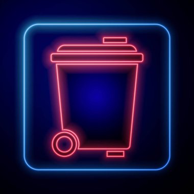 Parlayan neon çöp kutusu simgesi mavi arkaplanda izole edildi. Çöp kutusu tabelası. Sepet simgesini geri dönüştür. Ofis çöpü ikonu. Vektör.
