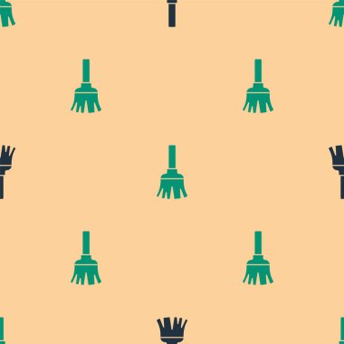 Temizlik simgesi için yeşil ve siyah süpürge bej arka planda izole edilmiş pürüzsüz desen. Tüy fırçası. Vektör.