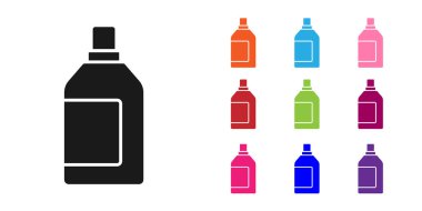 Çamaşır deterjanı, çamaşır suyu, bulaşık deterjanı ya da beyaz arka planda izole edilmiş başka bir temizlik malzemesi için siyah plastik şişe. Simgeleri renklendirin. Vektör.