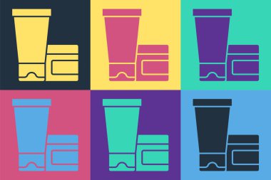 Pop sanat kremi ya da losyon kozmetik tüp ikonu renkli arka planda izole edilmiş. Kadınlar için vücut bakım ürünleri. Vektör.