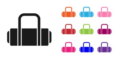 Seyahat simgesi için siyah bavul beyaz arkaplanda izole edildi. Seyahat bagaj tabelası. Seyahat bagaj ikonu. Simgeleri renklendirin. Vektör.