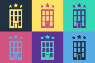 Pop Art Otel binası ikonu renk arkaplanında izole edilmiş. Vektör.