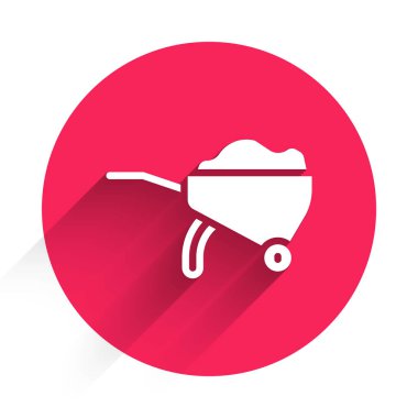 Kirli ikonu uzun gölgeli beyaz el arabası. Alet edevat. Tarım arabası tekerlek çiftliği. Kırmızı daire düğmesi. Vektör.