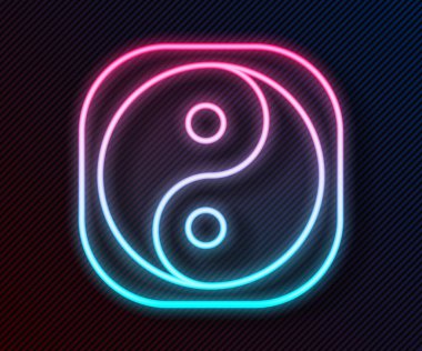 Parlak neon çizgisi Yin Yang siyah arkaplanda izole edilmiş uyum ve denge simgesi. Vektör İllüstrasyonu.