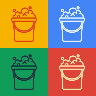 Arkaplanda sabun köpüğü simgesi bulunan Pop Art Line Bucket. Sulu kase. Çamaşır yıkama, temizlik malzemeleri. Vektör.