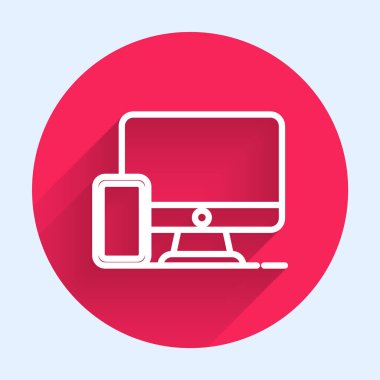 Beyaz çizgi bilgisayar monitörü ve cep telefonu simgesi uzun gölgede izole edildi. İnternetten kazanç, pazarlama. Kırmızı daire düğmesi. Vektör.