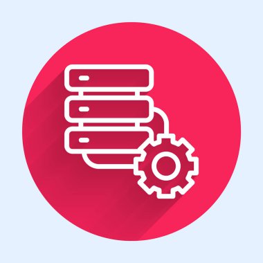 Beyaz çizgi sunucusu ve dişli simgesi uzun gölge arkaplanı ile izole edildi. Uygulama, servis konsepti, ayar seçenekleri, bakım, onarım, onarım. Kırmızı daire düğmesi. Vektör