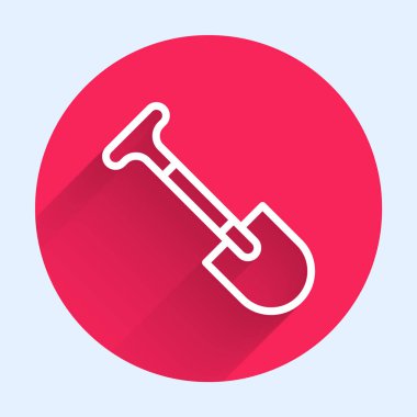 Beyaz çizgi kürek ikonu uzun gölgeli izole edilmiş. Bahçe aletleri. Bahçecilik, tarım, çiftçilik aleti. Kırmızı daire düğmesi. Vektör.