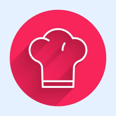 Beyaz çizgi aşçı şapkası simgesi uzun gölgeli izole edilmiş. Aşçılık sembolü. Aşçı şapkası. Kırmızı daire düğmesi. Vektör.