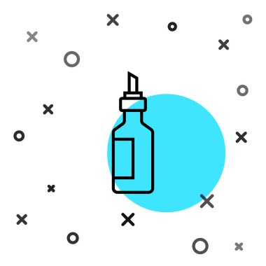 Beyaz arka planda izole edilmiş siyah çizgi zeytinyağı ikonu. Zeytinyağı ikonlu sürahi. Rastgele dinamik şekiller. Vektör.