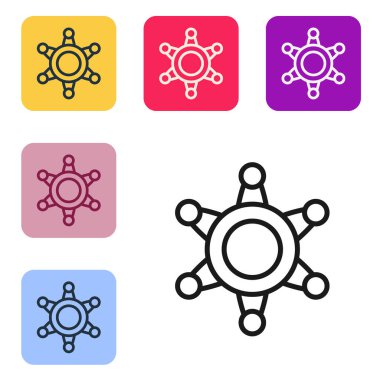 Siyah çizgi şerifi Hexagram simgesi beyaz arka planda izole edildi. Polis rozeti ikonu. Renkli kare düğmelerle simgeleri ayarla. Vektör.