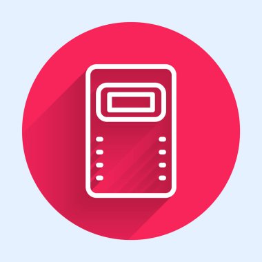 Beyaz çizgi Polis saldırı kalkanı ikonu uzun gölgeli izole edildi. Kırmızı daire düğmesi. Vektör.