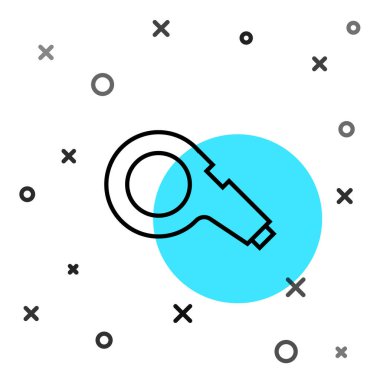 Beyaz arkaplanda siyah çizgi Whistle simgesi izole edildi. Hakem sembolü. Spor ve spor burcu. Rastgele dinamik şekiller. Vektör.