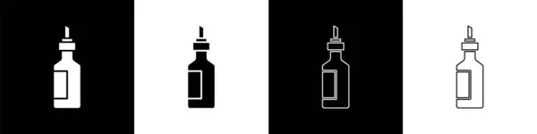 设置瓶橄榄油图标隔离在黑色和白色背景 装橄榄油图标的罐子 — 图库矢量图片