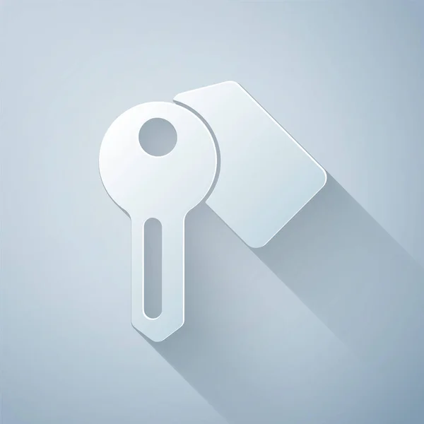 Paper Cut Hotel Door Lock Key Icon Isolated Grey Background — Stock Vector