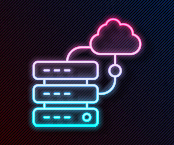 Светящийся значок подключения сетевого облака неоновой линии изолирован на черном фоне. Социальные технологии. Концепция облачных вычислений. Вектор