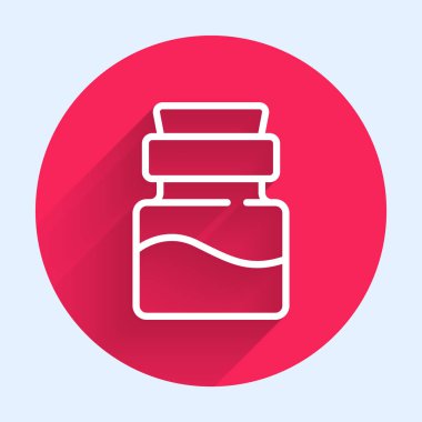 Uzun gölgeli ikon ikonlu beyaz çizgi şişesi. Sihirli iksirli matara. Mutlu Cadılar Bayramı Partisi. Kırmızı daire düğmesi. Vektör.