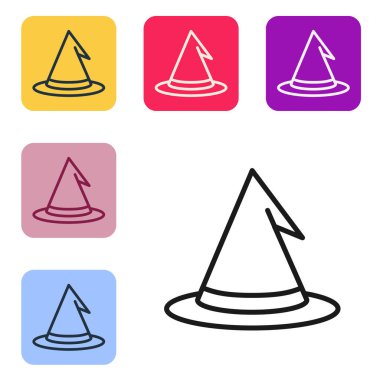 Siyah çizgi cadı şapkası simgesi beyaz arkaplanda izole edildi. Mutlu Cadılar Bayramı Partisi. Renkli kare düğmelerle simgeleri ayarla. Vektör.