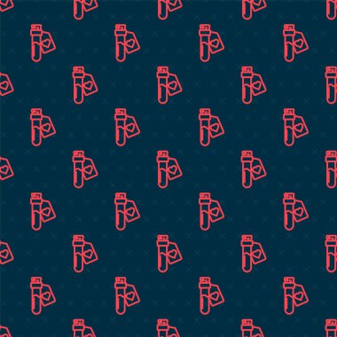 Aşk ikonu ikonlu kırmızı çizgi şişesi siyah arkaplandaki kusursuz deseni izole etti. Sevgililer Günü sembolü. Vektör.