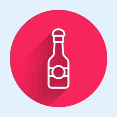 Beyaz çizgili şampanya şişesi ikonu uzun gölgeli. Mutlu Noeller ve mutlu yıllar. Kırmızı daire düğmesi. Vektör.