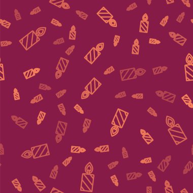 Kahverengi çizgi, mum yakma simgesinde yanan mum kırmızı arkaplanda izole edilmiş pürüzsüz desen. Silindirik mum çubuğu ve yanan ateş. Vektör.