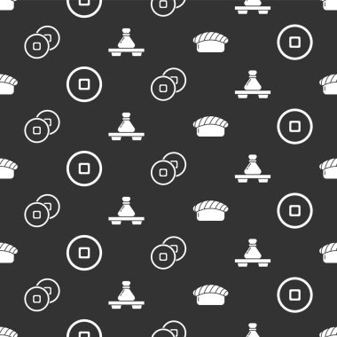 Suşi, Çin Yuan para birimi, Çin Yuan para birimi ve kesme tahtasının üzerinde pürüzsüz desen. Vektör.