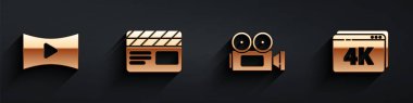 Online oyun videosu, Movie clapper, Cinema camera and Online play video with 4k icon with long shadow. Vektör.