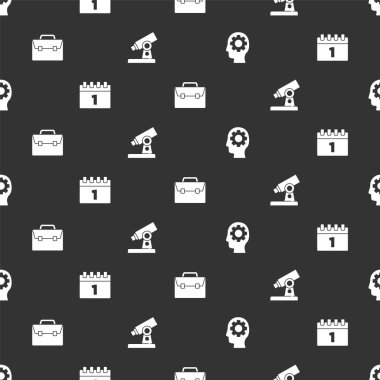 Baş 'ı teçhizatlı ayarla, Takvim ilk Eylül tarihi, Evrak çantası ve Mikroskop kusursuz desenli. Vektör.