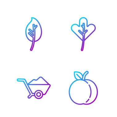 Şeftali meyvesi, yapraklı yapraklı yapraklı, yapraklı, çamurlu el arabası. Renk simgeleri. Vektör.