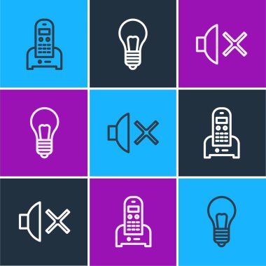 Telefon hattı, hoparlör ve fikir ikonu kavramına sahip ampul ayarlayın. Vektör.