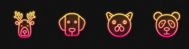Çizgi Cat, boynuzlu geyik kafası, Köpek ve Şirin panda suratı. Parlayan neon ikonu. Vektör.