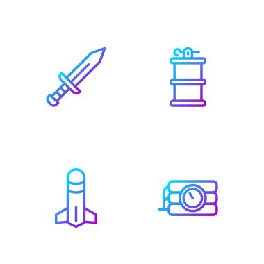 Dinamit ve zamanlayıcı, roket, kılıç ve el bombası ayarlayın. Renk simgeleri. Vektör.