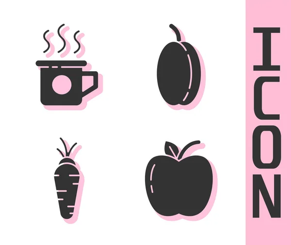 Conjunto Manzana Taza Zanahoria Ciruela Icono Fruta Vector — Vector de stock